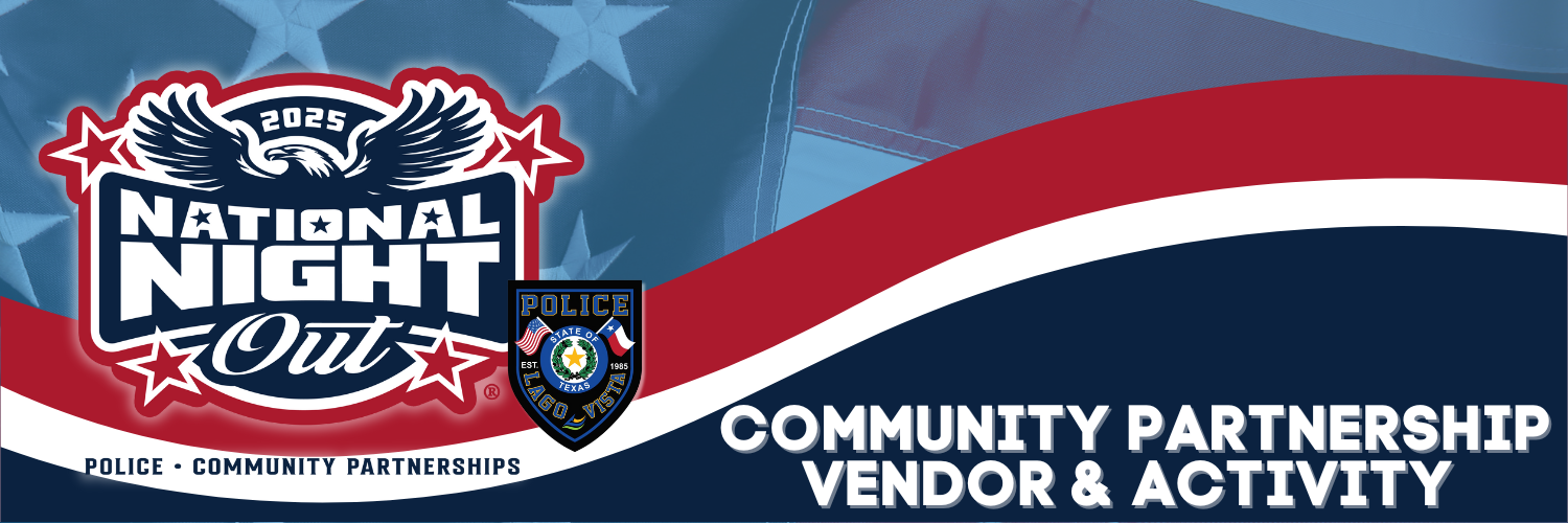 Promotional banner for the 2025 National Night Out Community Partnership Vendor & Activity form. Fea